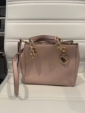 Michael Kors Cynthia Blossom Pink Gold Saffiano Leather Medium Satchel